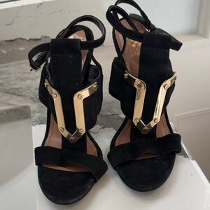 Vince Camuto Black Suede Heels with Gold Accents